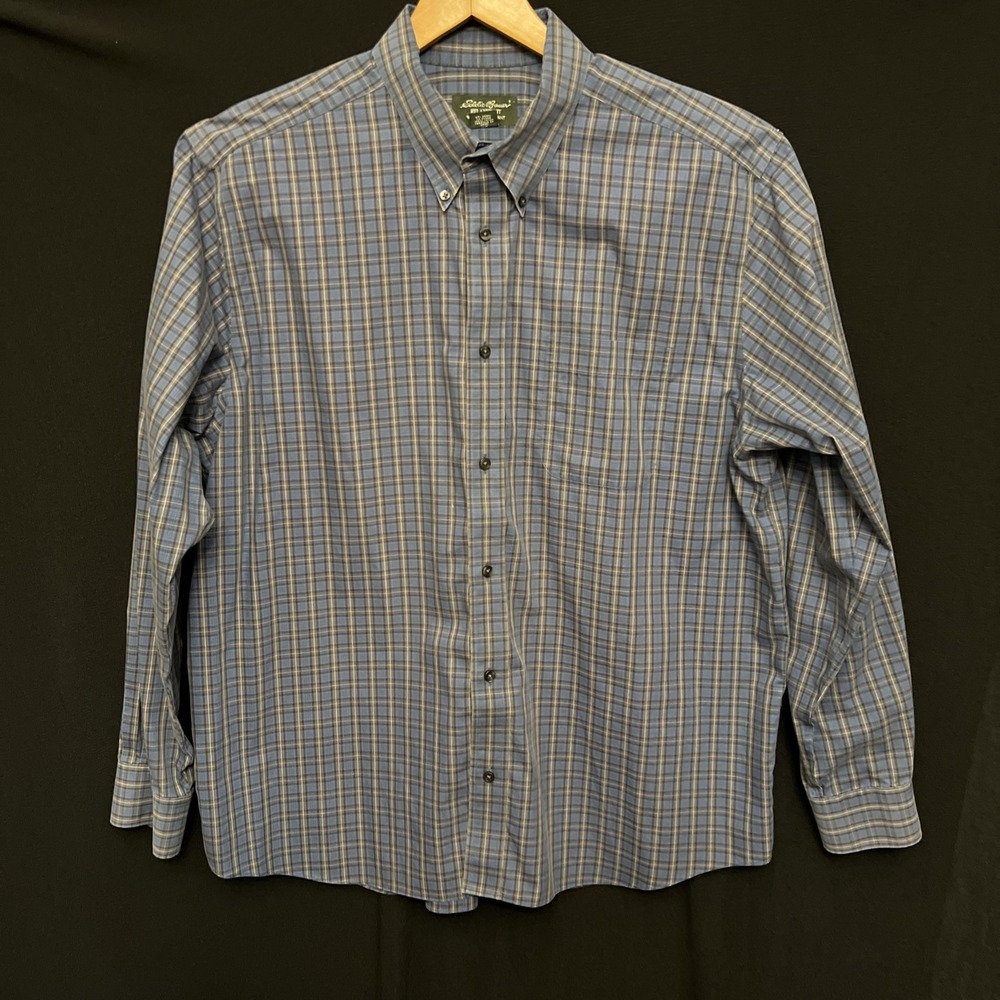 Eddie Bauer Relaxed Fit 100% Cotton Mens XL Shirt Blue/ Gray Stripes Preppy